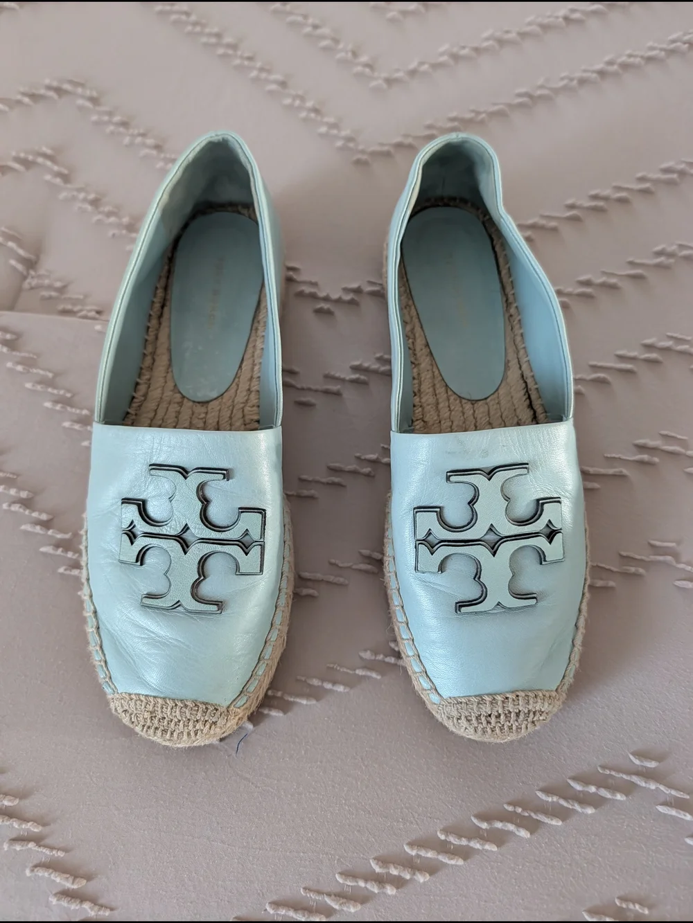 Tory Burch Pale Mint Leather Espadrille Flats with Logo
